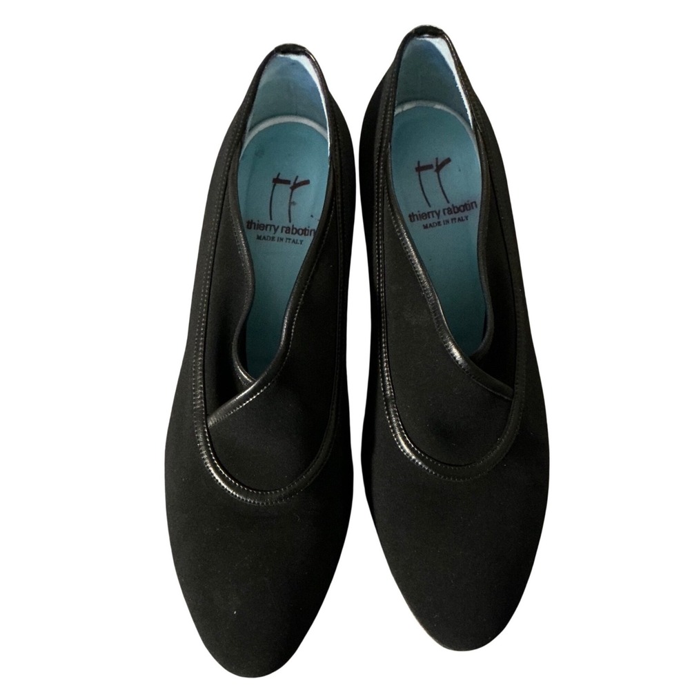 Thierry Rabotin Black Microfiber V-Neck Kitten Heel Pumps Made in Italy Size 41